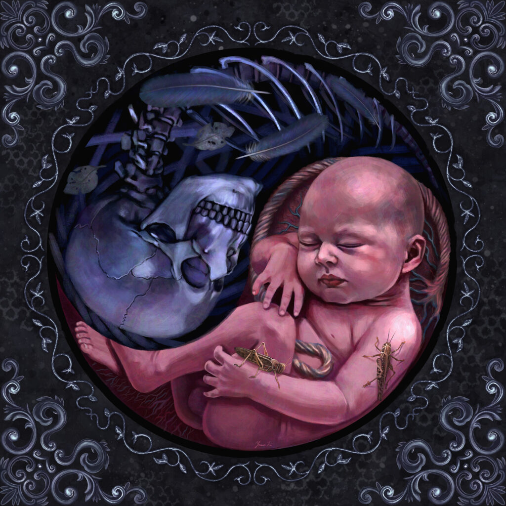 tao glyph with fetus and skull